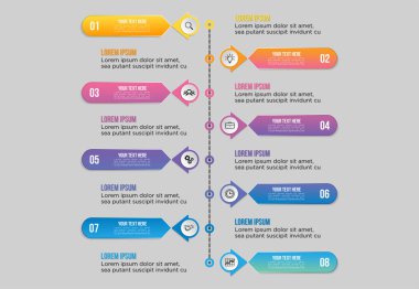 Vektör Infographics Elements Şablon Tasarım. Pazarlama Simgeleri ile İş Veri Görselleştirme Zaman Çizelgesi en yararlı sunum, diyagramlar, yıllık raporlar, iş akışı düzeni için kullanılabilir