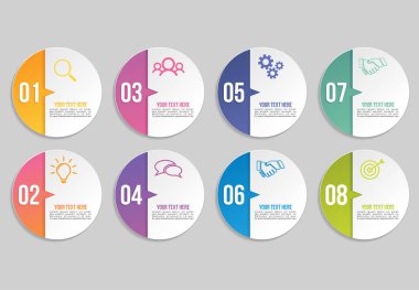 8 Seçenek Adımlı Zaman Çizelgesi Bilgi Grafiği Tasarım Şablonu. Hedef çizgi işlemine başlayın. Bilgi grafiği, sunular, süreç, diyagramlar, yıllık raporlar, iş akışı düzeni için kullanılır. Vektör İllüstrasyonu