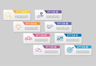 Vektör Infographics Elements Şablon Tasarım. Seçenekler Adımları ile İş Veri Görselleştirme Zaman Çizelgesi, Pazarlama Simgeleri en yararlı sunum, diyagramlar, yıllık raporlar, iş akışı düzeni için kullanılabilir