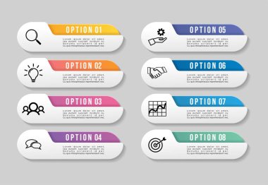 Vektör Infographics Elements Şablon Tasarım. Seçenekler Adımları ile İş Veri Görselleştirme Zaman Çizelgesi, Pazarlama Simgeleri en yararlı sunum, diyagramlar, yıllık raporlar, iş akışı düzeni için kullanılabilir