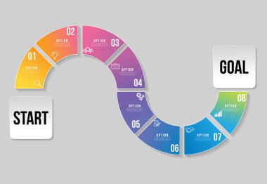 8 Seçenek Adımlı Zaman Çizelgesi Bilgi Grafiği Tasarım Şablonu. Hedef çizgi işlemine başlayın. Bilgi grafiği, sunular, süreç, diyagramlar, yıllık raporlar, iş akışı düzeni için kullanılır. Vektör İllüstrasyonu