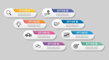 Vektör Infographics Elements Şablon Tasarım. Seçenekler Adımları ile İş Veri Görselleştirme Zaman Çizelgesi, Pazarlama Simgeleri en yararlı sunum, diyagramlar, yıllık raporlar, iş akışı düzeni için kullanılabilir