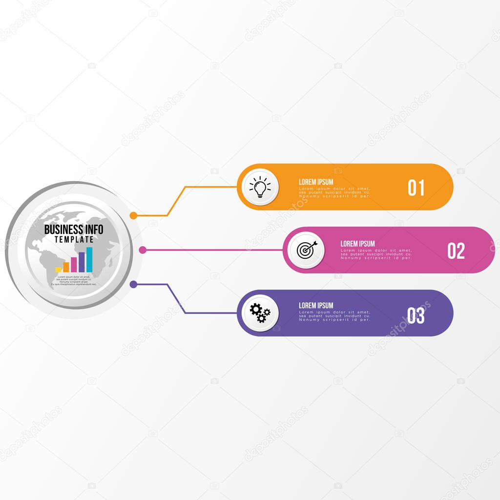 Vector Infographic Design Template with Options Steps and Marketing Icons can be used for info graph, presentations, process, diagrams, annual reports, workflow layout. Vector Illustration