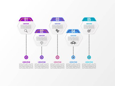 Vektör Infografik tasarım şablonu seçenekleri adımlar ve pazarlama simgeleri ile bilgi grafiği, sunumlar, süreç, diyagramları, yıllık raporlar, iş akışı düzeni için kullanılabilir. Vektör Illustration