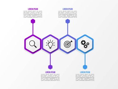 Vektör Infografik tasarım şablonu seçenekleri adımlar ve pazarlama simgeleri ile bilgi grafiği, sunumlar, süreç, diyagramları, yıllık raporlar, iş akışı düzeni için kullanılabilir. Vektör Illustration