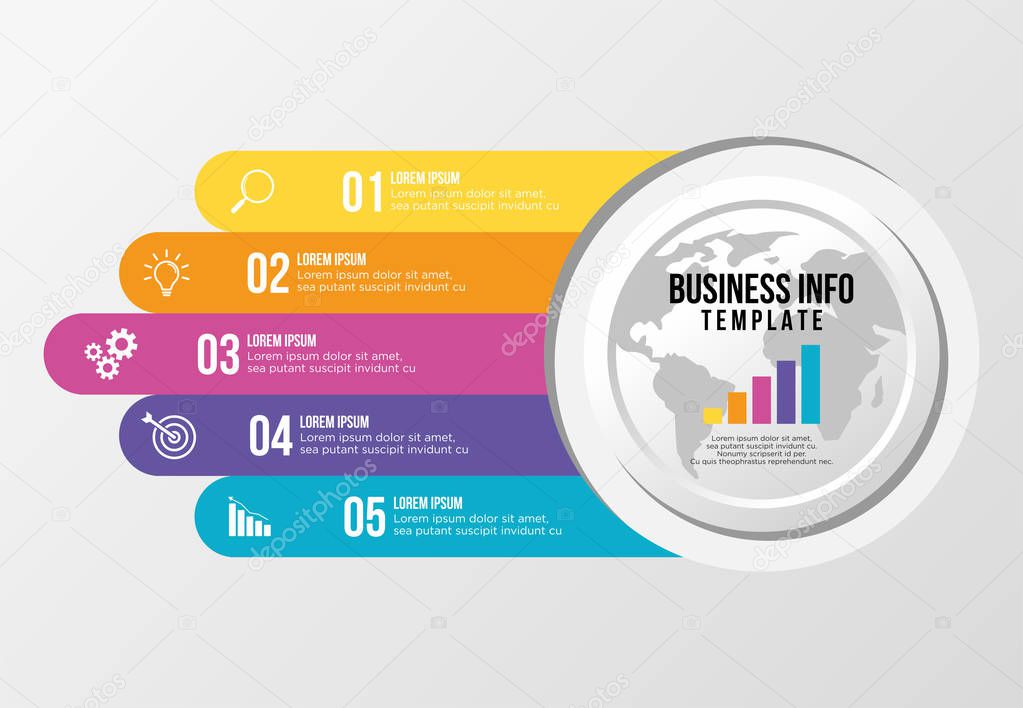 Vector Infographic Design Template with Options Steps and Marketing Icons can be used for info graph, presentations, process, diagrams, annual reports, workflow layout. Vector Illustration