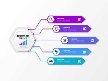 Vektör Infografik tasarım şablonu seçenekleri adımlar ve pazarlama simgeleri ile bilgi grafiği, sunumlar, süreç, diyagramları, yıllık raporlar, iş akışı düzeni için kullanılabilir. Vektör Illustration