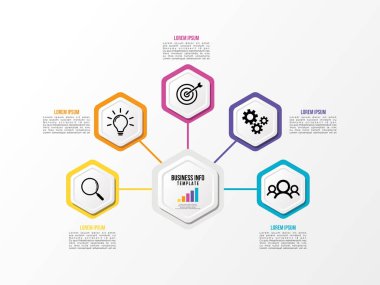 Vektör Infografik tasarım şablonu seçenekleri adımlar ve pazarlama simgeleri ile bilgi grafiği, sunumlar, süreç, diyagramları, yıllık raporlar, iş akışı düzeni için kullanılabilir. Vektör Illustration