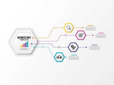 Vektör Infografik tasarım şablonu seçenekleri adımlar ve pazarlama simgeleri ile bilgi grafiği, sunumlar, süreç, diyagramları, yıllık raporlar, iş akışı düzeni için kullanılabilir. Vektör Illustration