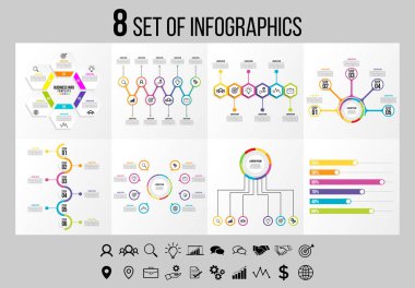 Vektör Infographics Elements Şablon Tasarım. Seçenekler Adımları ve Pazarlama Simgeleri ile İş Veri Görselleştirme Zaman Çizelgesi