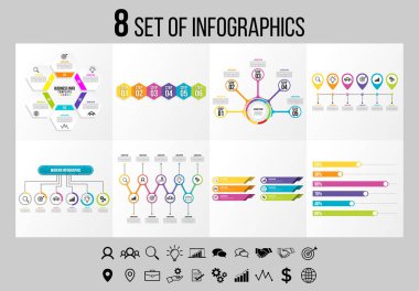 Vektör Infographics Elements Şablon Tasarım. Seçenekler Adımları ve Pazarlama Simgeleri ile İş Veri Görselleştirme Zaman Çizelgesi