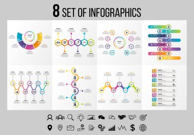 Vektör Infographics Elements Şablon Tasarım. Seçenekler Adımları ve Pazarlama Simgeleri ile İş Veri Görselleştirme Zaman Çizelgesi