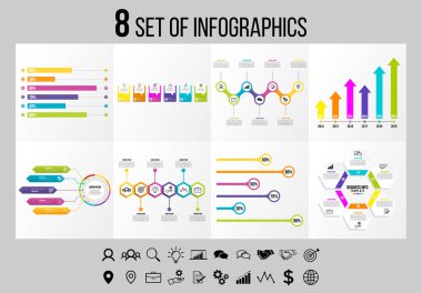Vektör Infographics Elements Şablon Tasarım. Seçenekler Adımları ve Pazarlama Simgeleri ile İş Veri Görselleştirme Zaman Çizelgesi