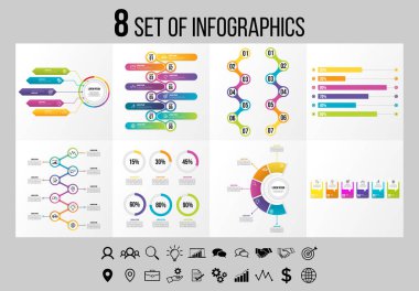 Vektör Infographics Elements Şablon Tasarım. Seçenekler Adımları ve Pazarlama Simgeleri ile İş Veri Görselleştirme Zaman Çizelgesi