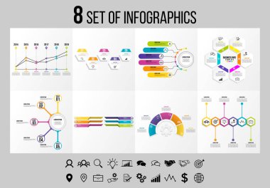 Vektör Infographics Elements Şablon Tasarım. Seçenekler Adımları ve Pazarlama Simgeleri ile İş Veri Görselleştirme Zaman Çizelgesi