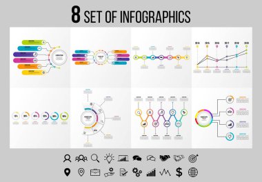 Vektör Infographics Elements Şablon Tasarım. Seçenekler Adımları ve Pazarlama Simgeleri ile İş Veri Görselleştirme Zaman Çizelgesi