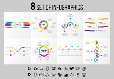 Vektör Infographics Elements Şablon Tasarım. Seçenekler Adımları ve Pazarlama Simgeleri ile İş Veri Görselleştirme Zaman Çizelgesi