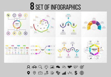 Vektör Infographics Elements Şablon Tasarım. Seçenekler Adımları ve Pazarlama Simgeleri ile İş Veri Görselleştirme Zaman Çizelgesi