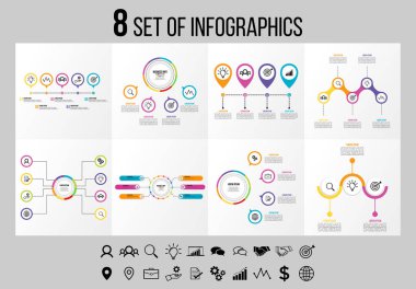 Vektör Infographics Elements Şablon Tasarım. Seçenekler Adımları ve Pazarlama Simgeleri ile İş Veri Görselleştirme Zaman Çizelgesi