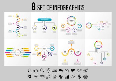 Vektör Infographics Elements Şablon Tasarım. Seçenekler Adımları ve Pazarlama Simgeleri ile İş Veri Görselleştirme Zaman Çizelgesi