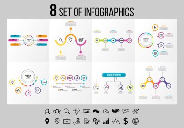 Vektör Infographics Elements Şablon Tasarım. Seçenekler Adımları ve Pazarlama Simgeleri ile İş Veri Görselleştirme Zaman Çizelgesi