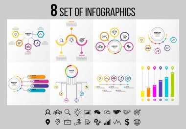 Vektör Infographics Elements Şablon Tasarım. Seçenekler Adımları ve Pazarlama Simgeleri ile İş Veri Görselleştirme Zaman Çizelgesi