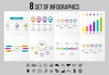 Vektör Infographics Elements Şablon Tasarım. Seçenekler Adımları ve Pazarlama Simgeleri ile İş Veri Görselleştirme Zaman Çizelgesi