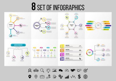 Vektör Infographics Elements Şablon Tasarım. Seçenekler Adımları ve Pazarlama Simgeleri ile İş Veri Görselleştirme Zaman Çizelgesi