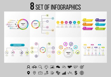Vektör Infographics Elements Şablon Tasarım. Seçenekler Adımları ve Pazarlama Simgeleri ile İş Veri Görselleştirme Zaman Çizelgesi