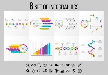 Vektör Infographics Elements Şablon Tasarım. Seçenekler Adımları ve Pazarlama Simgeleri ile İş Veri Görselleştirme Zaman Çizelgesi