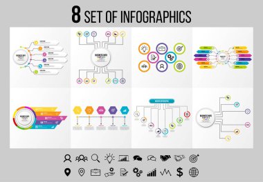 Vektör Infographics Elements Şablon Tasarım. Seçenekler Adımları ve Pazarlama Simgeleri ile İş Veri Görselleştirme Zaman Çizelgesi
