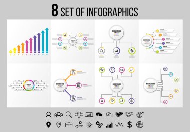Vektör Infographics Elements Şablon Tasarım. Seçenekler Adımları ve Pazarlama Simgeleri ile İş Veri Görselleştirme Zaman Çizelgesi
