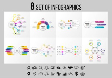Vektör Infographics Elements Şablon Tasarım. Seçenekler Adımları ve Pazarlama Simgeleri ile İş Veri Görselleştirme Zaman Çizelgesi