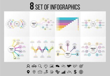 Vektör Infographics Elements Şablon Tasarım. Seçenekler Adımları ve Pazarlama Simgeleri ile İş Veri Görselleştirme Zaman Çizelgesi