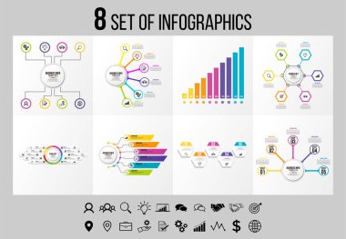 Vektör Infographics Elements Şablon Tasarım. Seçenekler Adımları ve Pazarlama Simgeleri ile İş Veri Görselleştirme Zaman Çizelgesi
