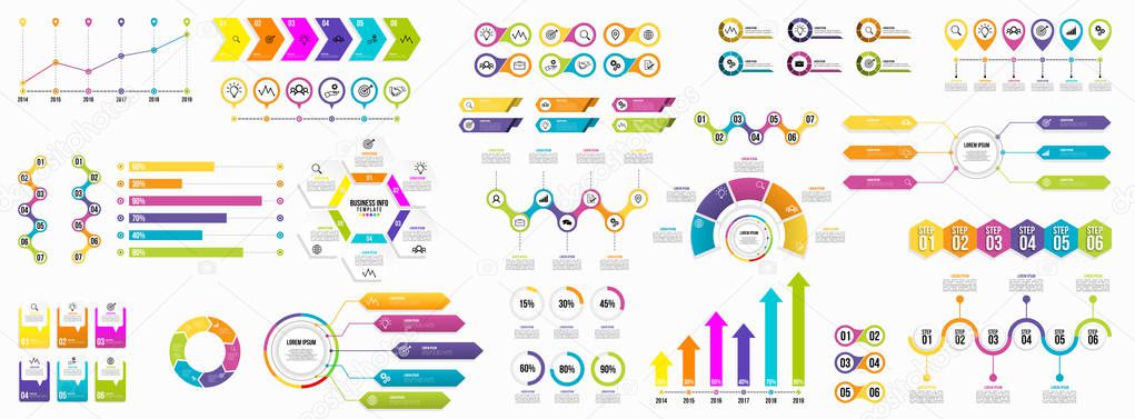 Mega Collection Of Infographics Vector. Set Business Data Visualization Design Template Infographics Timeline with Marketing Icons most useful can be used for workflow, presentation, diagrams, reports