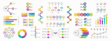 Infographics Vektör Mega Koleksiyonu. Pazarlama Simgeleri ile İş Veri Görselleştirme Tasarım ŞablonBilgi Grafiği Zaman Çizelgesi set en yararlı iş akışı, sunum, diyagramlar, raporlar için kullanılabilir