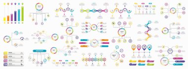 Infographics Vektör Mega Koleksiyonu. Pazarlama Simgeleri ile İş Veri Görselleştirme Tasarım ŞablonBilgi Grafiği Zaman Çizelgesi set en yararlı iş akışı, sunum, diyagramlar, raporlar için kullanılabilir