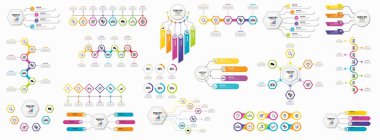 Infographics Vektör Mega Koleksiyonu. Pazarlama Simgeleri ile İş Veri Görselleştirme Tasarım ŞablonBilgi Grafiği Zaman Çizelgesi set en yararlı iş akışı, sunum, diyagramlar, raporlar için kullanılabilir