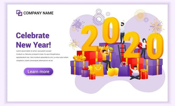Les gens célèbrent le Nouvel An sur de grandes boîtes-cadeaux et grand symbole 2 — Image vectorielle