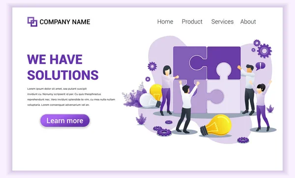 Modern Flat design concept van We hebben oplossingen met personages die stukjes van een gigantische puzzel in elkaar passen. Samenwerking en teamwork, oplossingen en probleemoplossing. Platte vectorillustratie — Stockvector