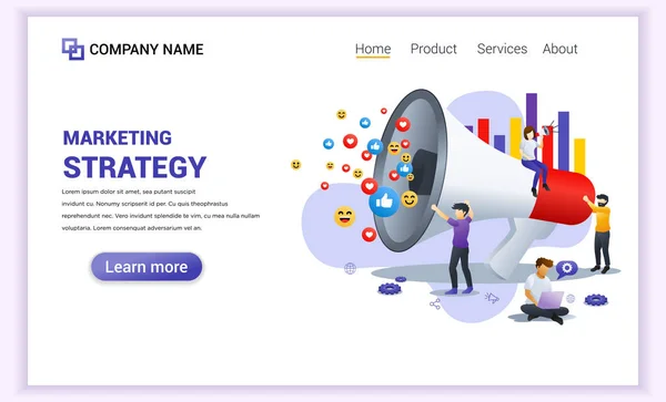 Moderno concetto di strategia di marketing con personaggi che detengono megafono gigante. Può essere utilizzato per banner, analisi aziendale, strategia dei contenuti, app mobile, pagina di destinazione, modello web. Illustrazione vettoriale piatto — Vettoriale Stock