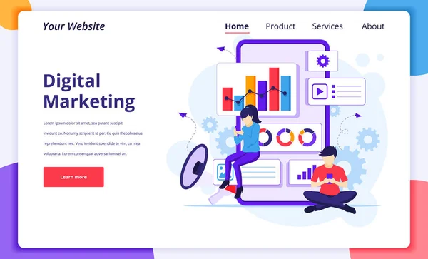 人々とのデジタルマーケティングの概念は巨大なスマートフォンの近くで働く ウェブサイトやモバイルウェブサイトのための現代的なフラットウェブページデザイン ベクターイラスト — ストックベクタ