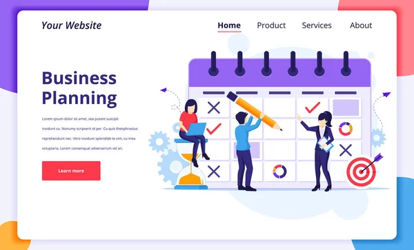İş planlama konsepti, çalışma programını dev bir takvimle dolduran insanlar. Web sitesi ve mobil web sitesi için modern düz web sayfası tasarımı. Vektör illüstrasyonu
