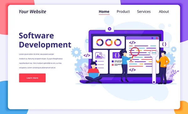 ソフトウェア開発コンセプト 人々は巨大なラップトッププログラミングとコーディングに取り組んでいます ウェブサイトやモバイルウェブサイトのための現代的なフラットウェブページデザイン ベクターイラスト — ストックベクタ