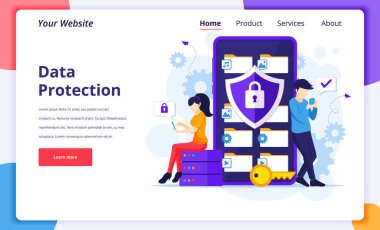 Veri koruma kavramı, verileri ve dosyaları dev bir akıllı telefondan koruyan insanlar. Web sitesi ve mobil web sitesi için modern düz iniş sayfası tasarımı. Vektör illüstrasyonu