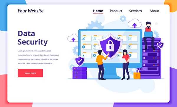Veri güvenliği kavramı. İnsanlar veri ve dosyaları korumak için ekranda çalışıyor. Web sitesi ve mobil web sitesi için modern düz iniş sayfası tasarımı. Vektör illüstrasyonu