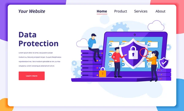 Veri koruma kavramı, verileri ve dosyaları dev bir dizüstü bilgisayarda koruyan insanlar. Web sitesi ve mobil web sitesi için modern düz iniş sayfası tasarımı. Vektör illüstrasyonu