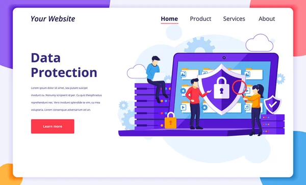Koncepcja Ochrony Danych Ludzie Chroniący Dane Pliki Ogromnym Laptopie Nowoczesny — Wektor stockowy