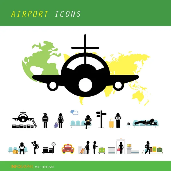 Luchthaven Terminal Pictogrammen Instellen Geïsoleerd Witte Achtergrond — Stockvector